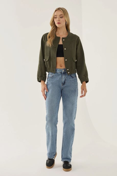 Tweed Round Neck Jacket with a Pocket Detail - Image 2