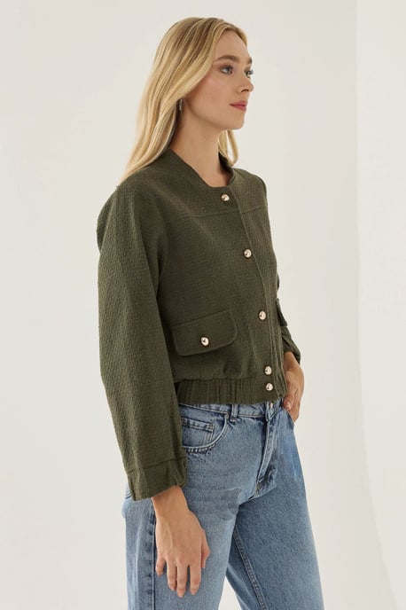 Tweed Round Neck Jacket with a Pocket Detail - Image 3