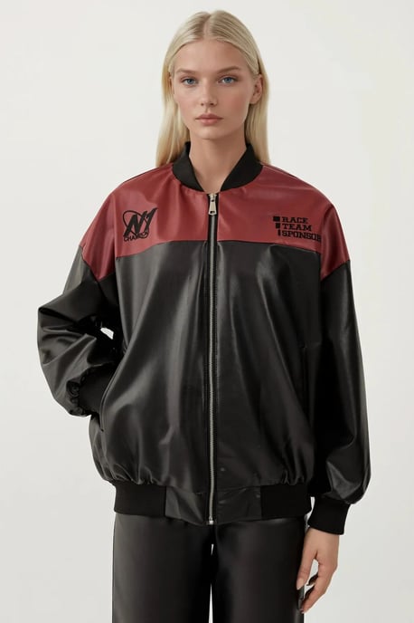 Faux läderoversized bomberjacka med patchdetaljer - Image 5