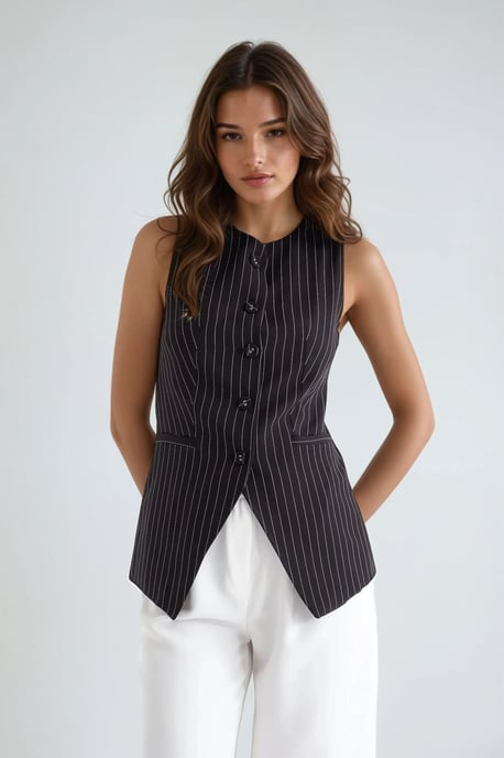 Striped Crew Neck Buttoned Vest - Image 1