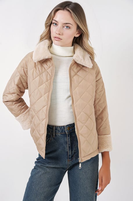 Gestructureerde Jensen Kraag Puff Coat met Nepbont - Image 1