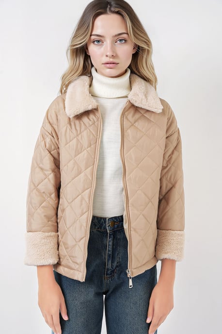 Gestructureerde Jensen Kraag Puff Coat met Nepbont - Image 2