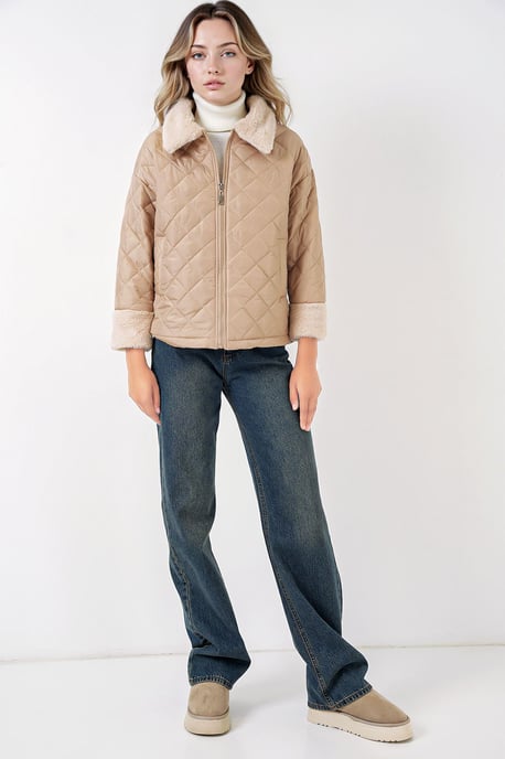 Gestructureerde Jensen Kraag Puff Coat met Nepbont - Image 3