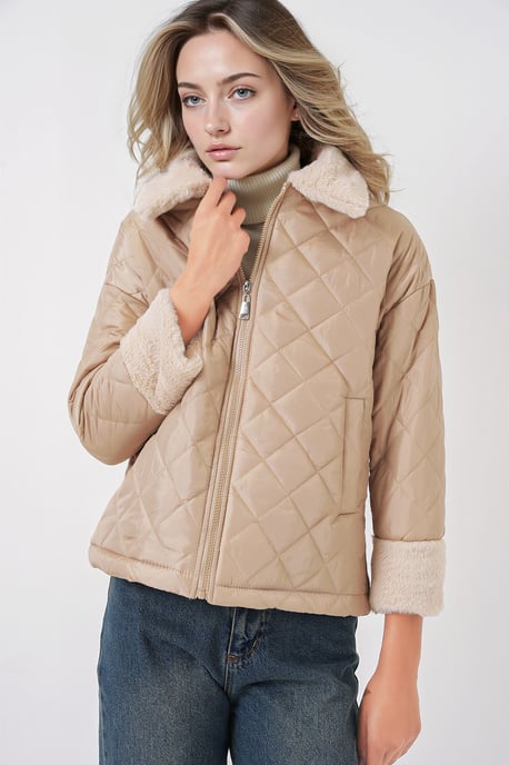 Gestructureerde Jensen Kraag Puff Coat met Nepbont - Image 4
