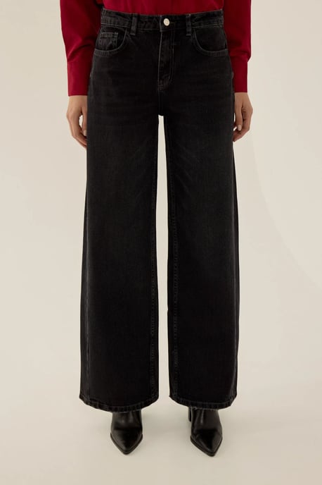 Tvättad Effekt Sömd Vida Lår Denim Jeans - Image 2