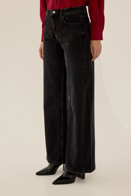 Tvättad Effekt Sömd Vida Lår Denim Jeans - Image 3