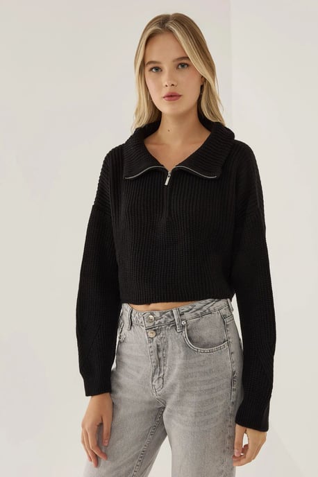 Zipper Collar Crop Sweater - Image 2