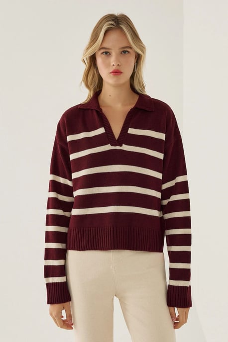 Striped Polo Collar Knit Sweater - Image 1