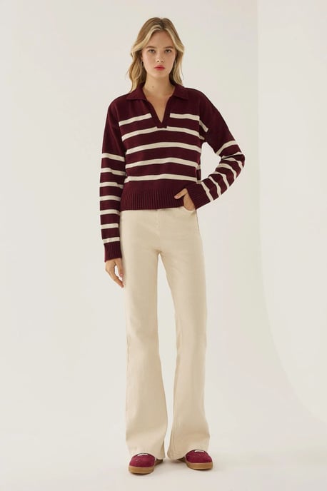 Striped Polo Collar Knit Sweater - Image 2