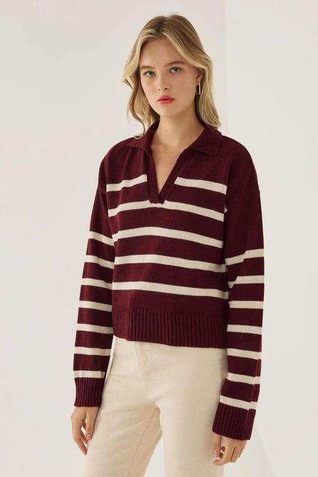 Striped Polo Collar Knit Sweater - Image 3