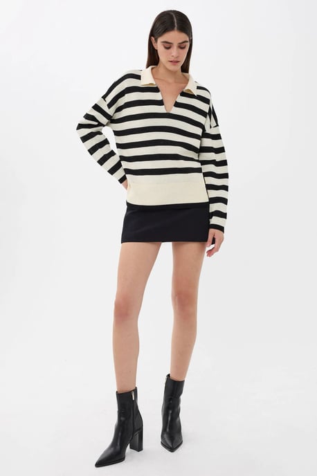 Striped Polo Collar Knit Sweater - Image 2