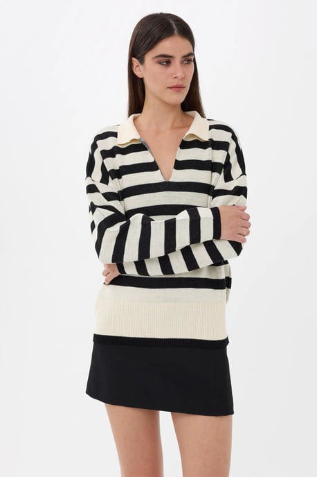 Striped Polo Collar Knit Sweater - Image 4