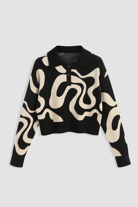 Polo Collar Jacquard Knit Sweater - Image 1