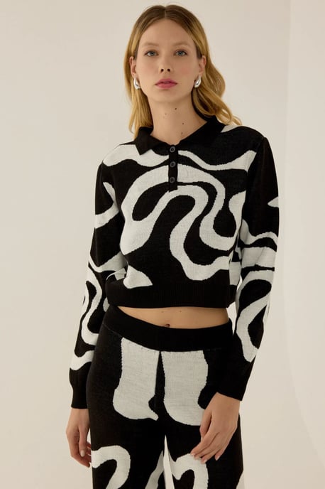 Polo Collar Jacquard Knit Sweater - Image 5