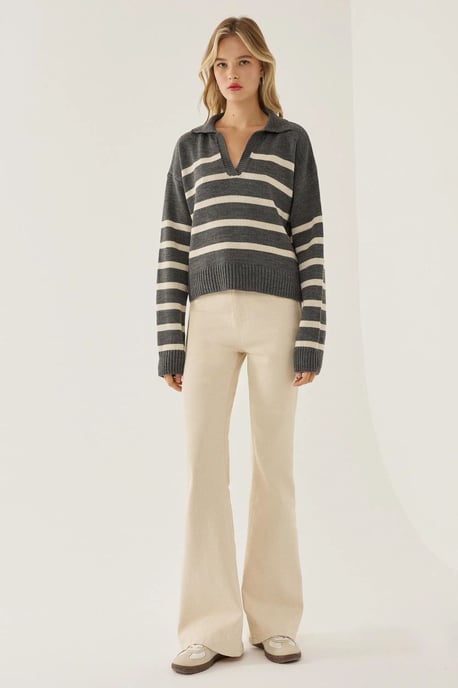 Striped Polo Collar Knit Sweater - Image 2