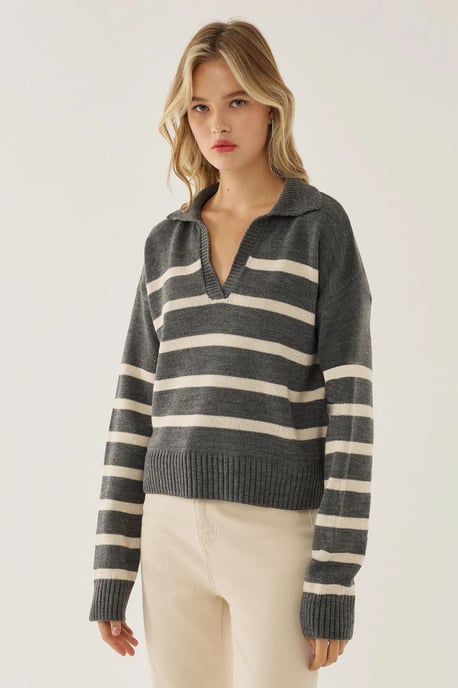 Striped Polo Collar Knit Sweater - Image 3
