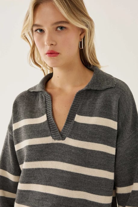 Striped Polo Collar Knit Sweater - Image 4
