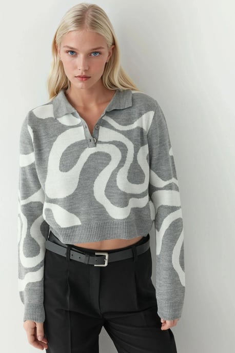 Polo Collar Jacquard Knit Sweater - Image 1
