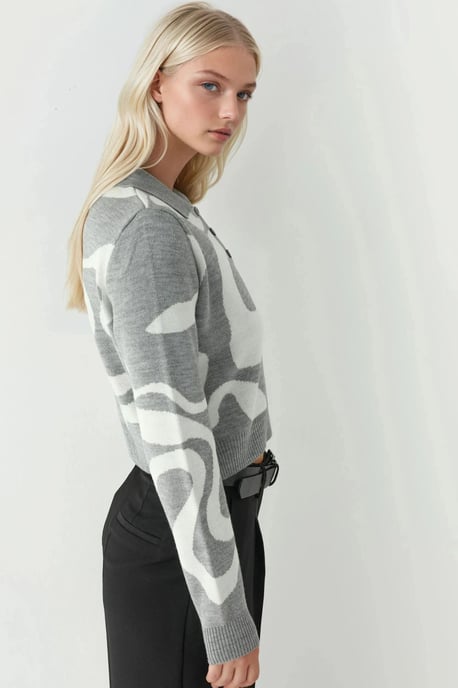 Polo Collar Jacquard Knit Sweater - Image 2