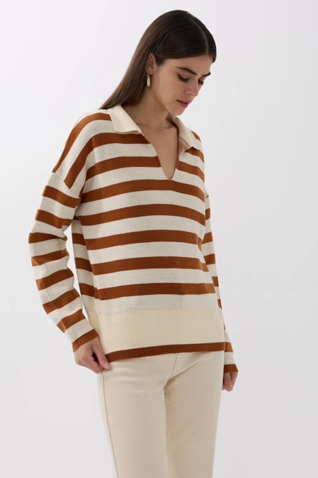 Striped Polo Collar Knit Sweater - Image 3