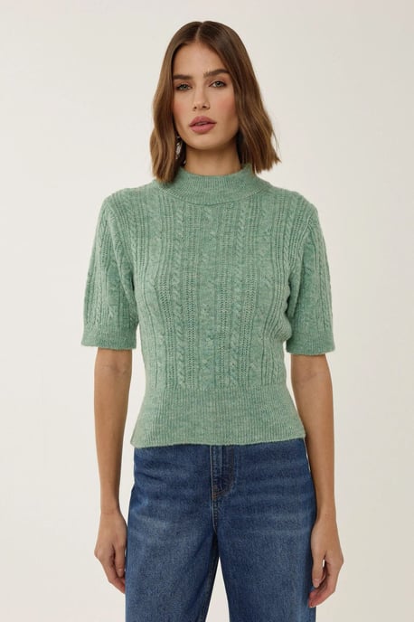 Short Sleeve Half Turtleneck Hair Braid Knit Sweater - Image 1