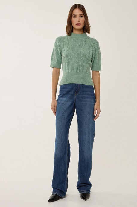 Short Sleeve Half Turtleneck Hair Braid Knit Sweater - Image 2