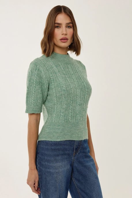 Short Sleeve Half Turtleneck Hair Braid Knit Sweater - Image 3
