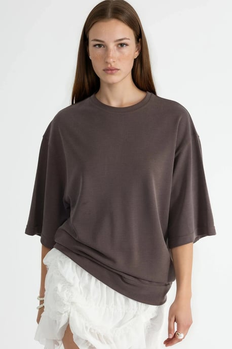 Oversized Geribde Korte Blouse met Ronde Hals - Image 1