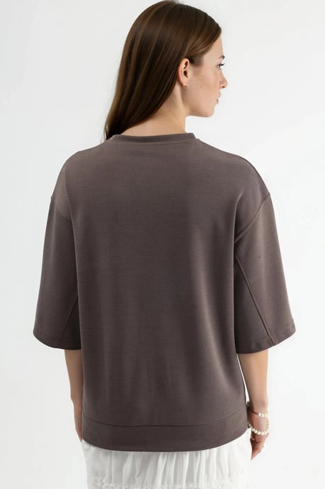 Oversized Geribde Korte Blouse met Ronde Hals - Image 3