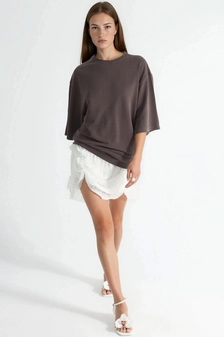 Oversized Geribde Korte Blouse met Ronde Hals - Image 4