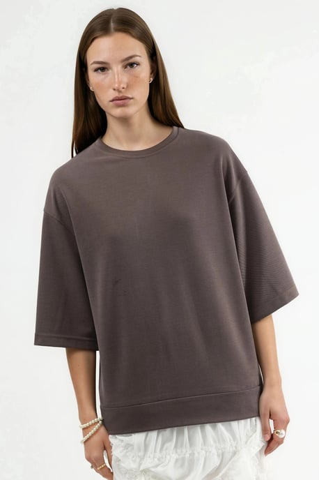 Oversized Geribde Korte Blouse met Ronde Hals - Image 6