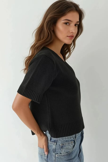 V-Neck Short Sleeve Knit Sweater - Image 2