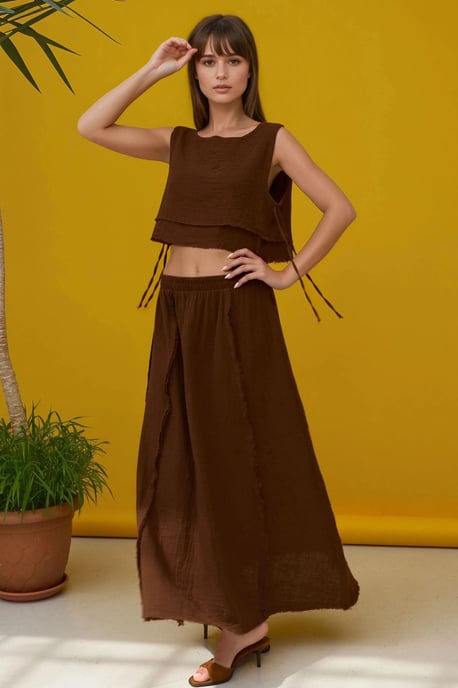 Elastische Taille Rok - Blouse met Zijsstrik Detail Muslin Set - Image 1