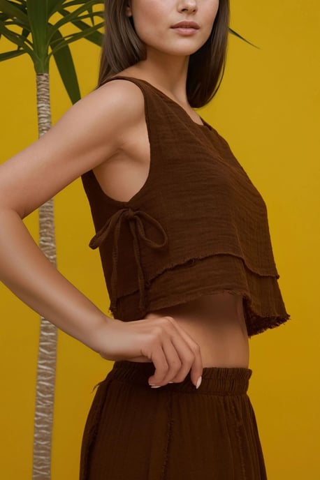 Elastische Taille Rok - Blouse met Zijsstrik Detail Muslin Set - Image 2