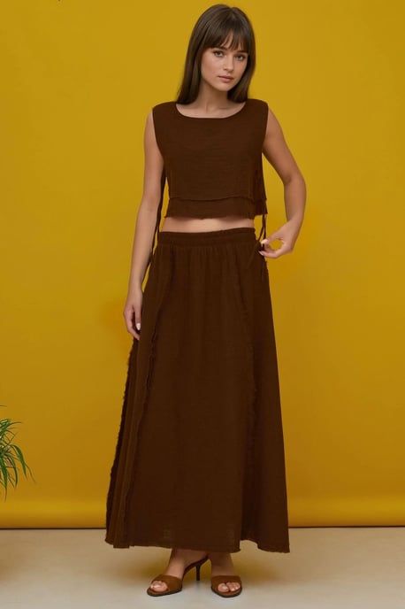 Elastische Taille Rok - Blouse met Zijsstrik Detail Muslin Set - Image 3