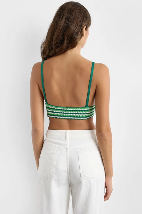 Striped V Neck Knitted Crochet Crop Top - Image 4