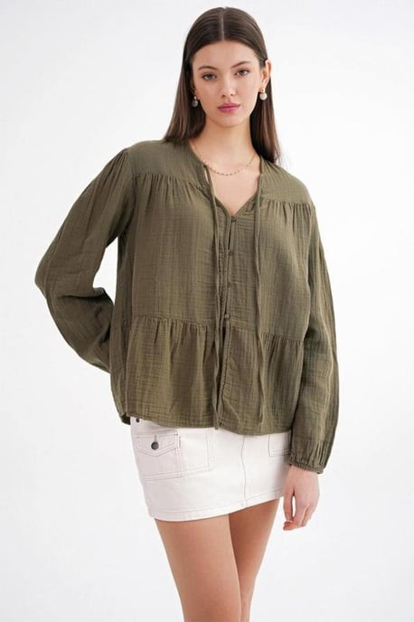 Lange Mouwen Losse Blouse met Strikhals - Image 1