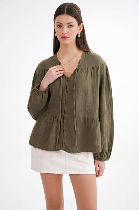 Lange Mouwen Losse Blouse met Strikhals - Image 3