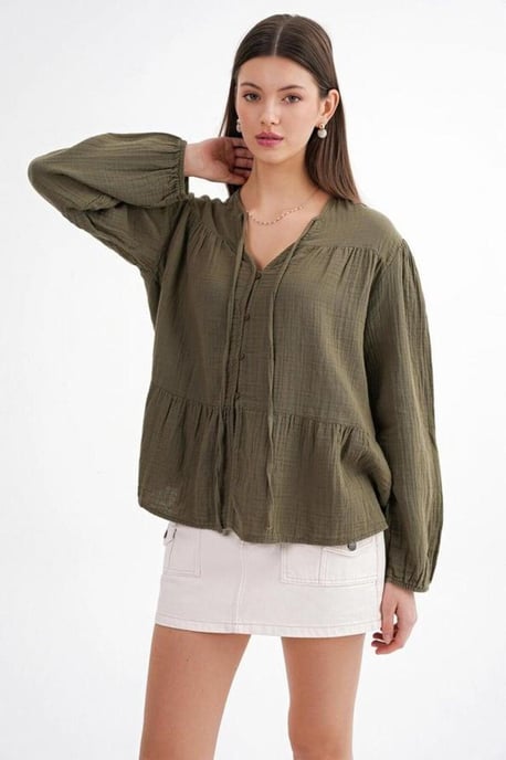 Lange Mouwen Losse Blouse met Strikhals - Image 4