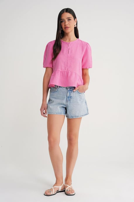 Gestructureerde Mousseline Blouse met Ronde Hals en Knopen Sluiting - Image 2