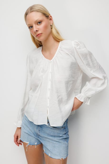 Textured Button-Up Crew Neck Blouse - Image 1
