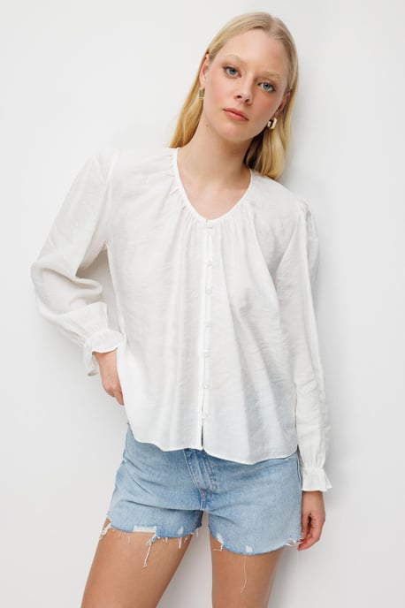 Textured Button-Up Crew Neck Blouse - Image 2