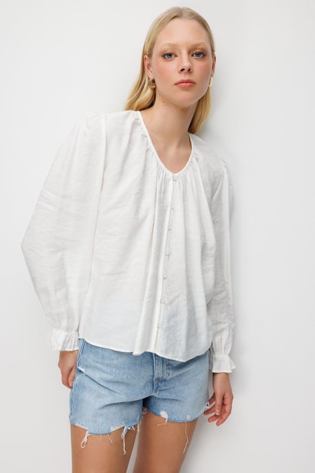 Textured Button-Up Crew Neck Blouse - Image 5