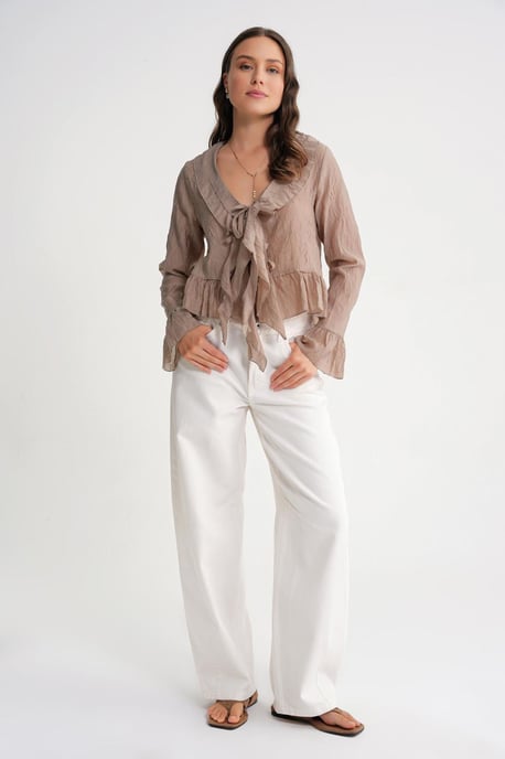 V-Neck Ruffle Blouse with Drawstring - Image 2
