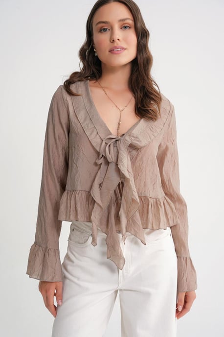 V-Neck Ruffle Blouse with Drawstring - Image 4
