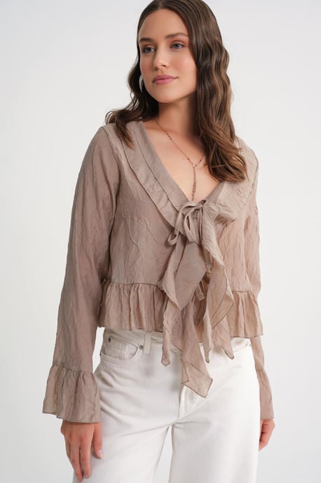 V-Neck Ruffle Blouse with Drawstring - Image 5