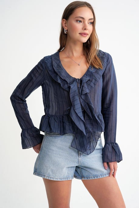 Frilly V-hals Gestreepte Blouse met Striksluiting - Image 2