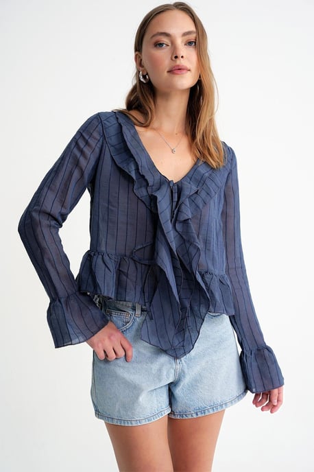 Frilly V-hals Gestreepte Blouse met Striksluiting - Image 3