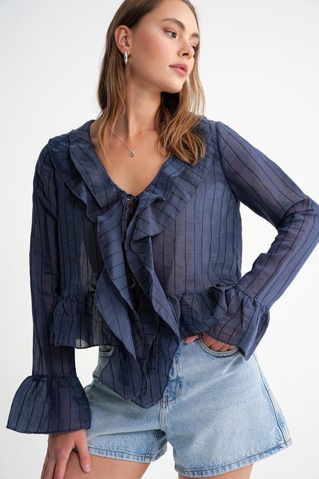 Frilly V-hals Gestreepte Blouse met Striksluiting - Image 4