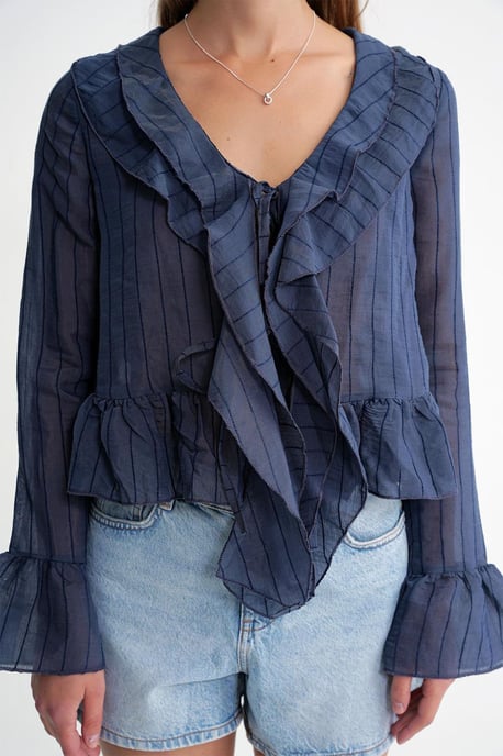 Frilly V-hals Gestreepte Blouse met Striksluiting - Image 5